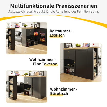 Um 360° drehbarer Bartisch (Hauptkörper 105 x 39 x 102 cm), mit 2 Schubladen und Schiebetürschrank, 3 Ebenen offener Stauraum, geeignet für Esszimmer/Arbeitszimmer/Wohnzimmer usw