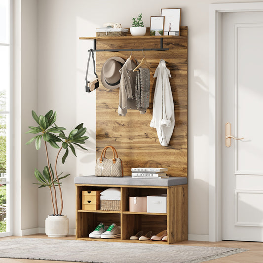 Garderobenset in Holzoptik mit Schuhbank, verstellbarem Regal, Kleiderstange und Polster, Praktische Flurmöbel