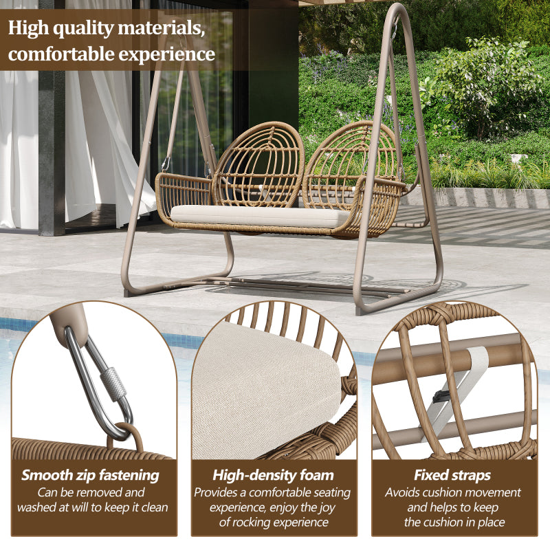 Gartenschaukel, Hollywoodschaukel mit Rückenlehne, Gartenmöbel-Set für den Außenbereich,Doppelschaukel aus PE-Rattan, 2 Sitze, Brauner Sitzrahmen und beiges Kissen