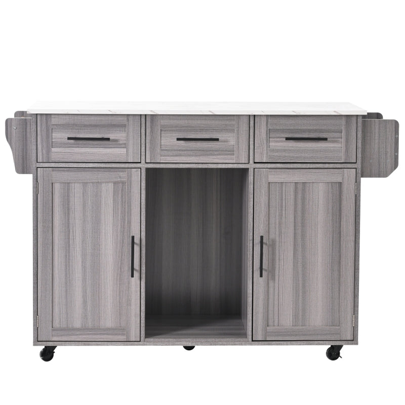 139x46(71)x91.5 cm großer Servierwagen/Beistellschrank, graues Massivholz-Furnier für den Korpus + weiße Marmor-Furnierdekoration für die Arbeitsplatte, Schrank/klappbare Arbeitsfläche/Stauraumtüren/r