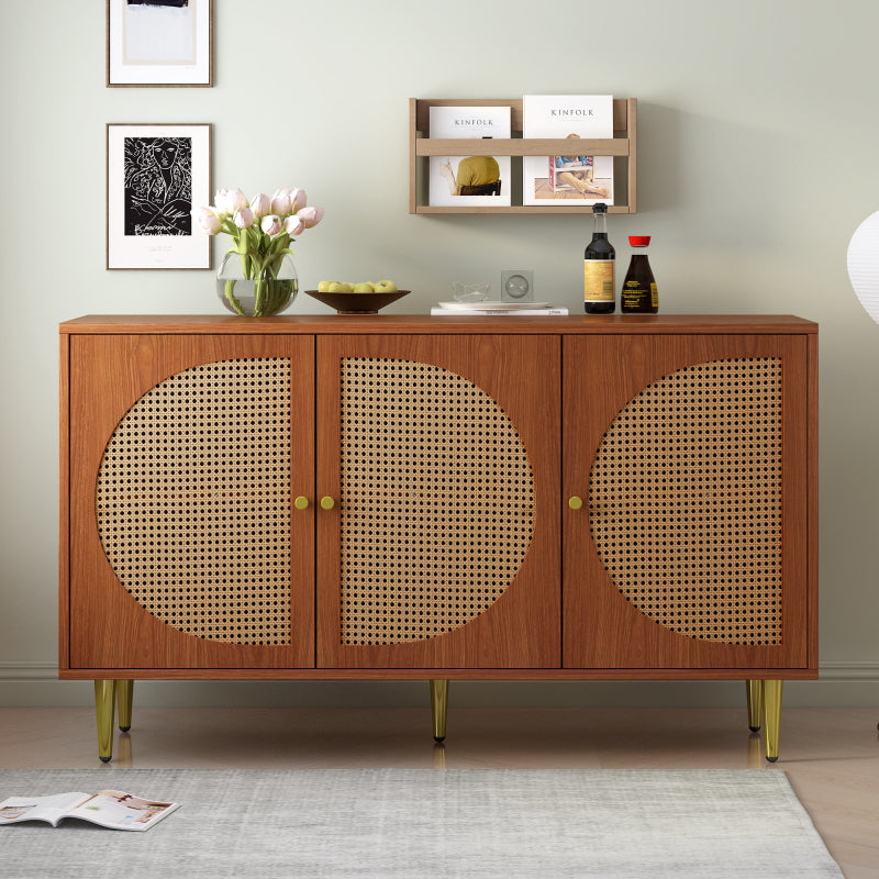 Sideboard mit 3 Rattan verzierten Türen Kommode Highboard mit Metallgriffe, für Schlafzimmer & Wohnräume & Büro, Nussbaum 129.8x 40x 76cm