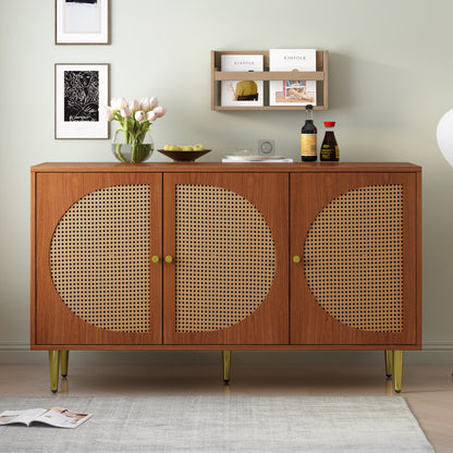 Sideboard mit 3 Rattan verzierten Türen Kommode Highboard mit Metallgriffe, für Schlafzimmer & Wohnräume & Büro, Nussbaum 129.8x 40x 76cm