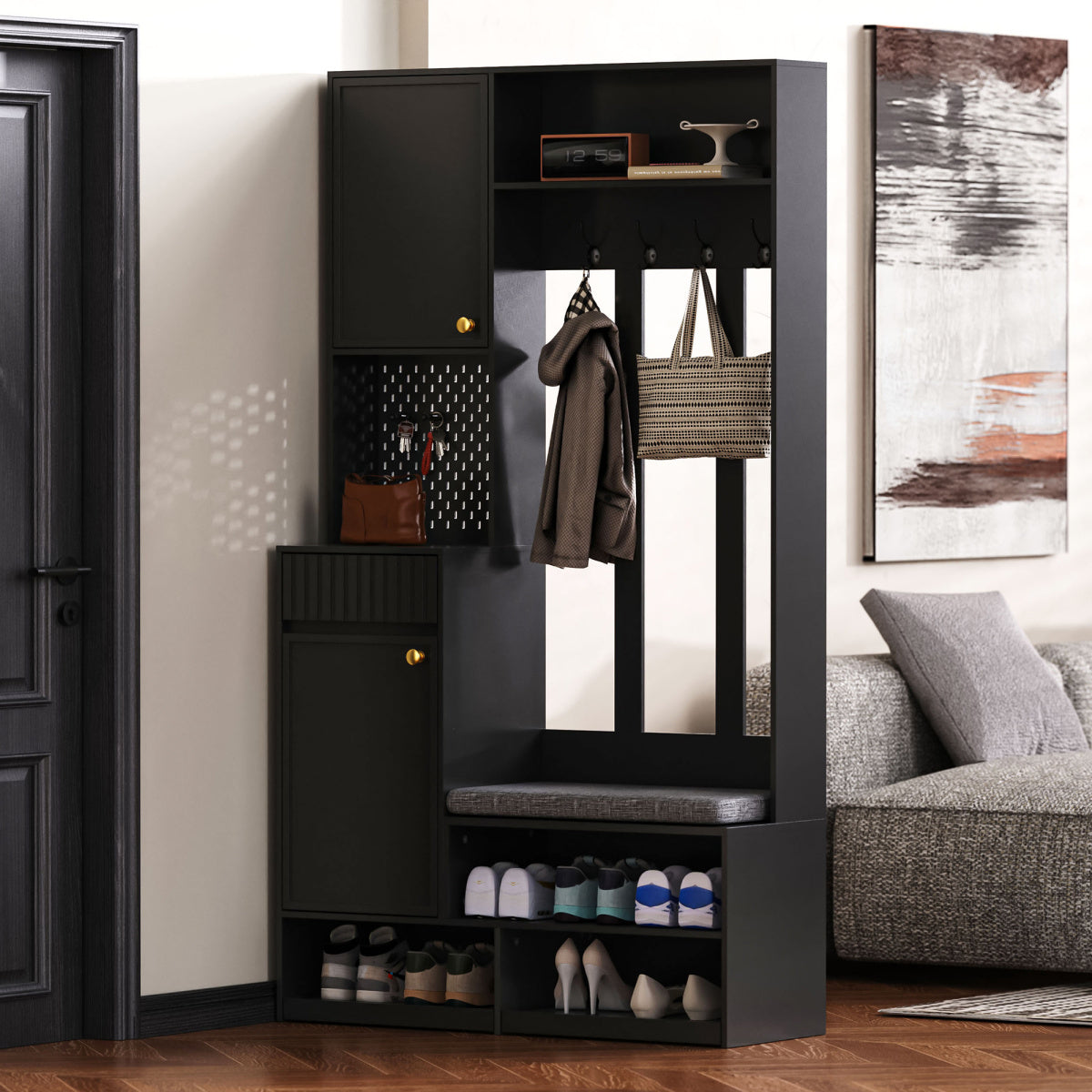 Garderobenset mit Sitzbank, Pegboard, 4 Haken, 2 Schubladen & Schrank, MDF, Schwarz, 100×35×180 cm