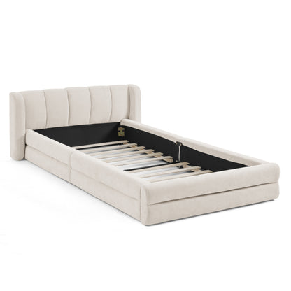Einzelbett 90x200 cm, hautfreundlicher Chenille Stoff, komfortables Rückenlehne, auch als Kinderbett geeignet, Beige (ohne Matratze)