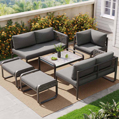 Garten-Lounge-Set, Rattan-Möbel-Set für 6-7 Personen, Ecksofa mit verzinktem Eisengestell, verstellbare Beine, inklusive aller Sitz- und Rückenkissen, grau