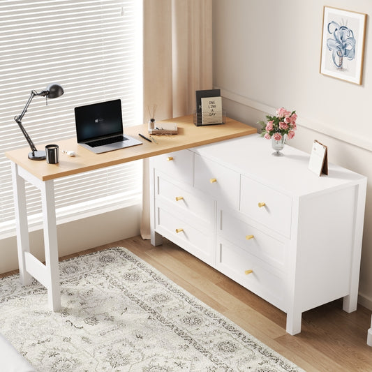 Schreibtisch mit 7-Schubladen Kommode -2-in-1 Dreh Werkbank und Sideboard, Eichenoptik, 360° drehbare Tischplatte, weiß / natur
