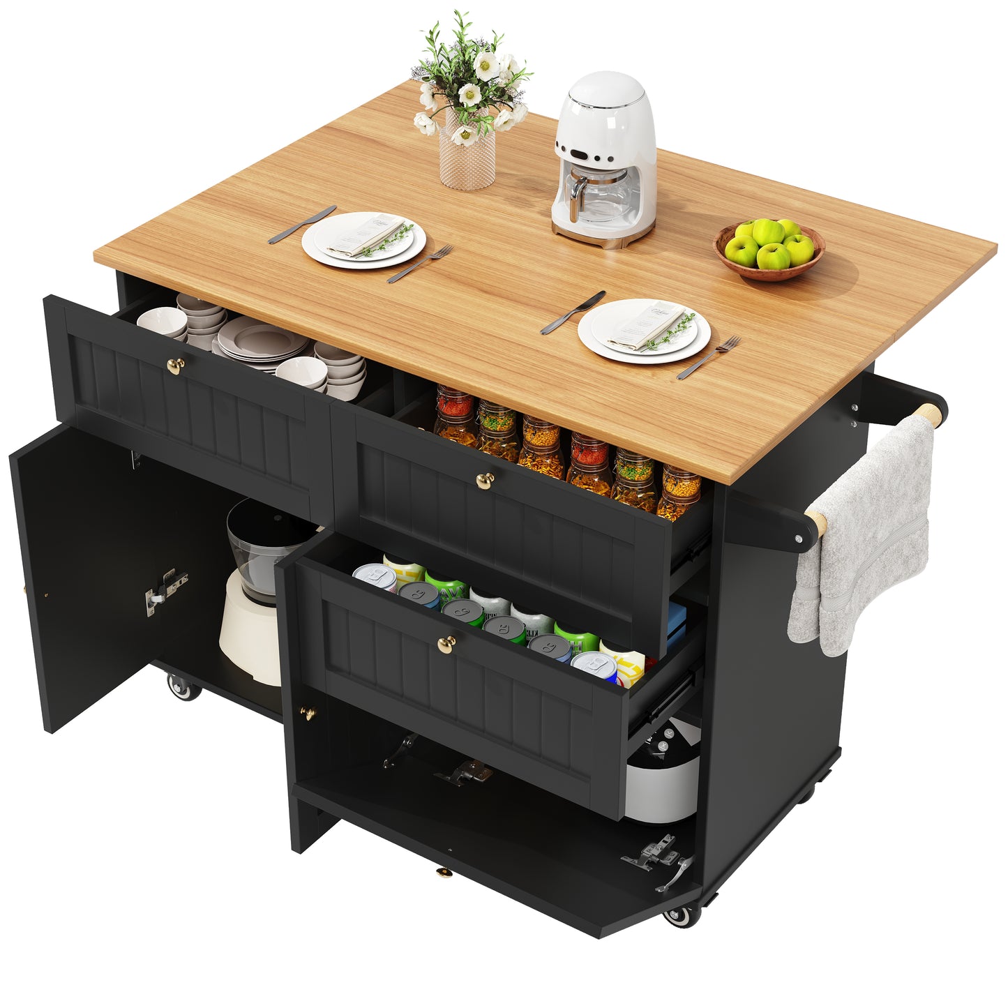 Moderne Kücheninsel Küchenschrank Buffetschrank Speisewagen mit Holzmaserung Multifunktionale Esstisch mit Speicherraum und Stretchfunktion Schwarz