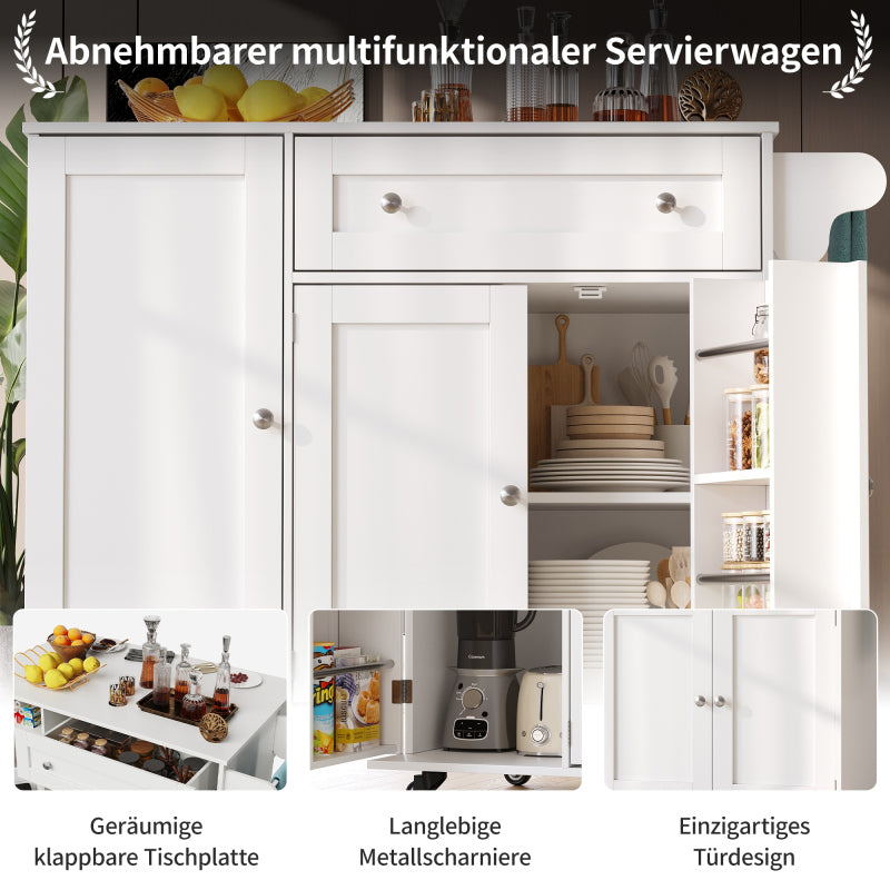 Küchenwagen, herausnehmbarer Speisewagen mit klappbarer Tischplatte, Schranktür mit Snack-Regal, verstellbare Trennwände, 1 Schublade, 4 Räder (2 feststellbar), weiß (105,5*40-60*83cm)