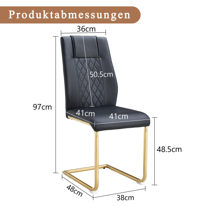 Nordischer Stil schwarzer PU Stuhl (vier Ränge in einem Paket) - Rückenlehne mit diamantförmigem Gitternäht Design, glänzend goldene Metallbeine