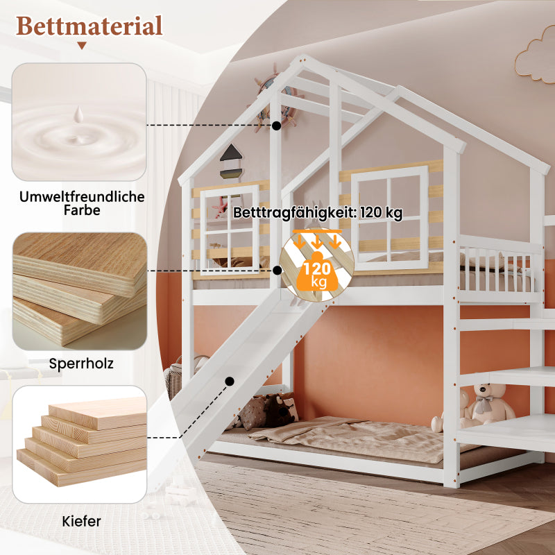 Etagenbett, Holzbett mit Treppe und Gitter, mit Rutsche und Fenster, Blockhaus Kinderbett mit Absturzsicherung, Bettrahmen aus Massivholz, Weiß(90x200 cm)