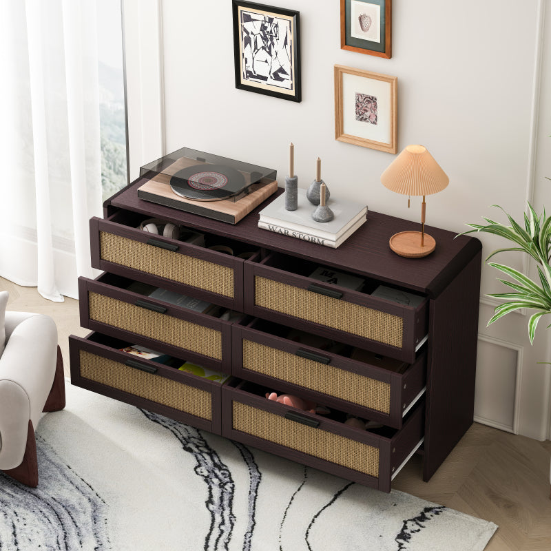 130CM Arc Shaped Corner Rattan Cabinet, 6-Drawers Rattan Storage Cabinet Rattan Drawer, for Living Room Bedroom,and Kitchen, Reddish-brown, Brown
