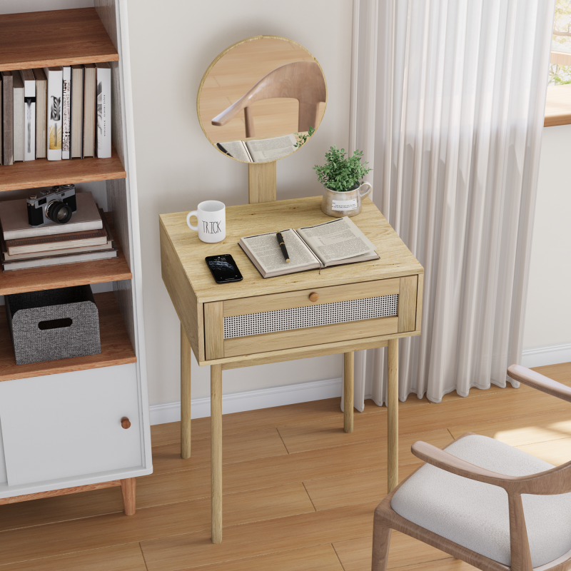 Ein Rattan Schminktisch mit Spiegel, ein kompakter Schminktisch im Schlafzimmer und ein niedlicher Schminktisch für kleine Räume geeignet,(Ohne Stühle)