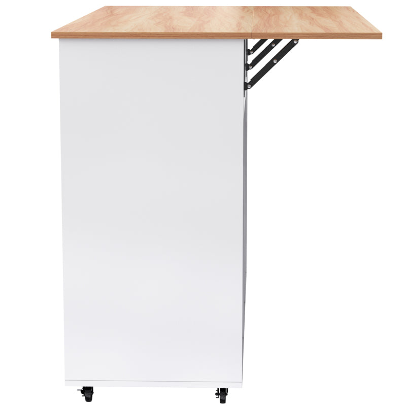 129x46(71)x91,5 cm großer Speisewagen/Sideboard, Arbeitsplatte mit Massivholzmaserung + Weiß Schrank/faltbare Arbeitsplatte/Aufbewahrungstür-Design/Räder/Massivholzfüße umschaltbar/für Zuhause geeig