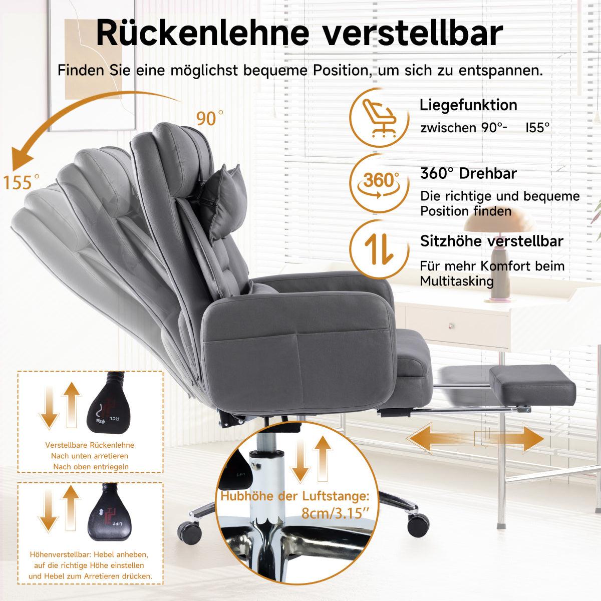 Ergonomischer Bürostuhl mit 155° Liegefunktion, Fußstütze, Tech-Leder, Dunkelgrau