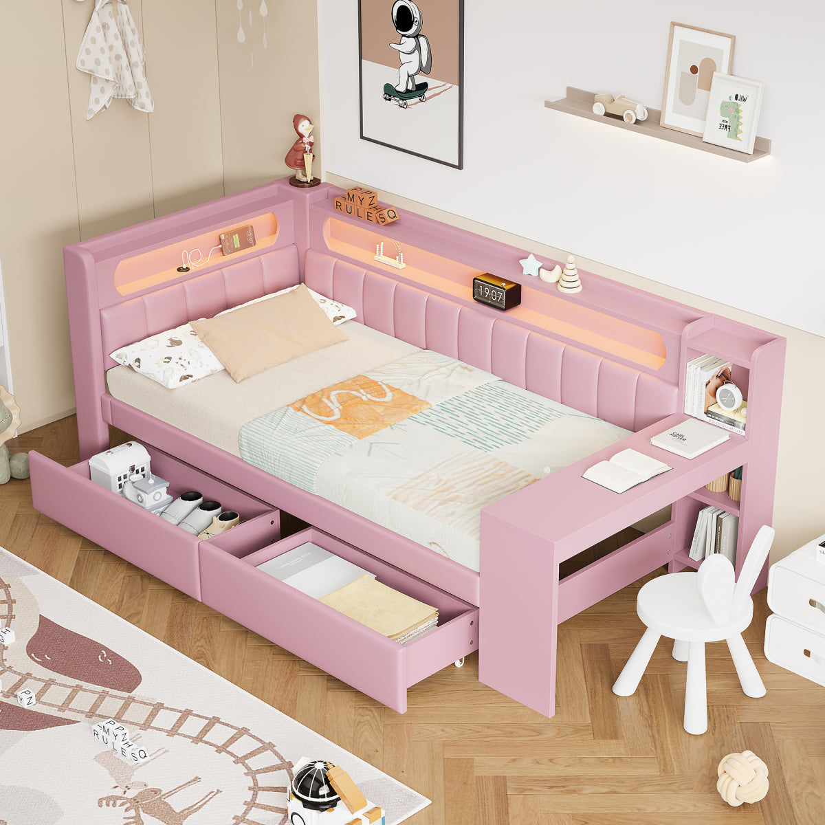 Daybed 90x200, Rosa, USB, LED-Beleuchtung, Schreibtisch & 2 Schubladen