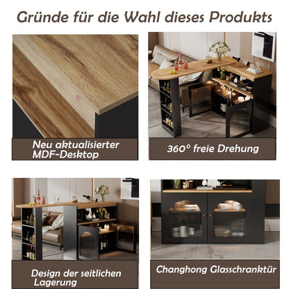 Bartisch ausziehbar 138-193cm, 360° drehbarer Stehtisch mit LED-Beleuchtung & Glasfront, Bistrotisch mit 3 Ablagen, Küchentisch, Schwarz