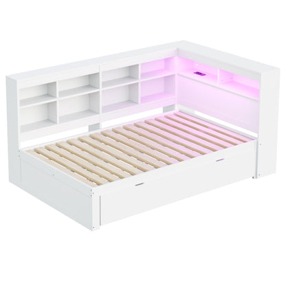 Massivholz-Doppelbett 140x200 Weiß mit LED & USB - Multifunktionales Sofa-Bett mit großen Schubladen, Ablagefächern & viel Stauraum, Weiß