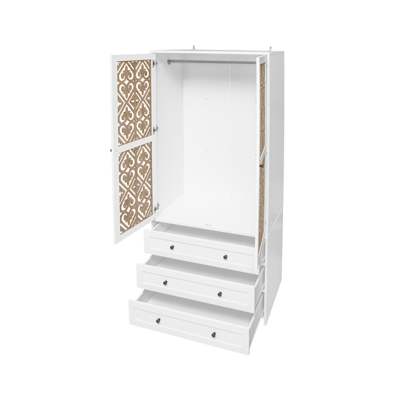 Weißer Aufbewahrungsschrank mit Schnitzmuster – Boho-Garderobenschrank mit Rattangeflecht, 3 Schubladen und Kleiderstange aus Aluminiumlegierung – ideal für Wohnzimmer, Schlafzimmer, Büro oder Arbeits