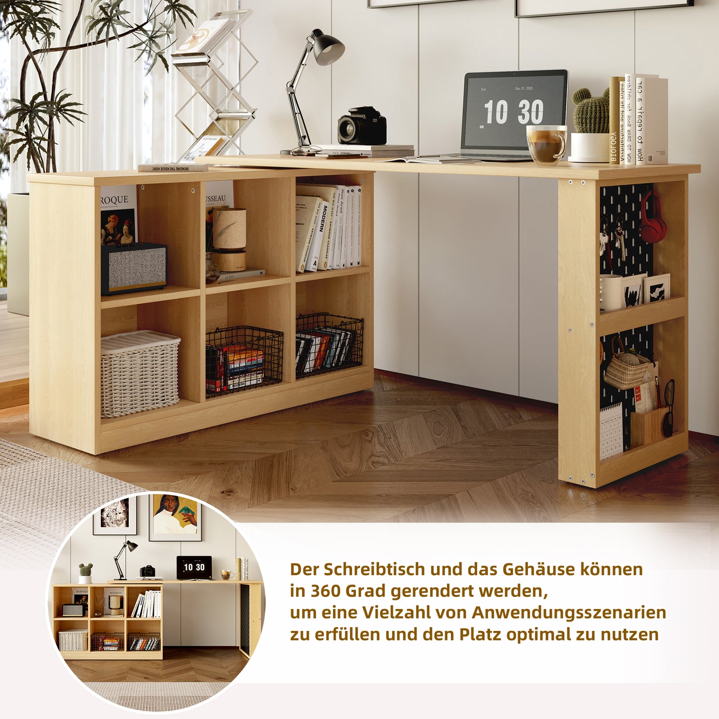 Multifunktionaler Bürotisch, Sechsfach-Lagerschrank + Ablage, super belastbar, veränderbare Form, Natural