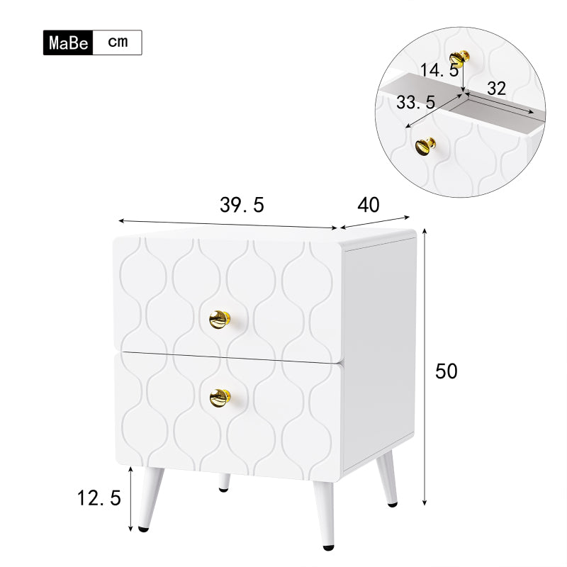 Moderner Nachttisch, vergoldete Griffe, Wellenmuster, 2er-Set, mit 2 Schubladen, lackiert, Ecken mit stoßfestem Design, 39,5 B*40 T*50 H cm, Weiß