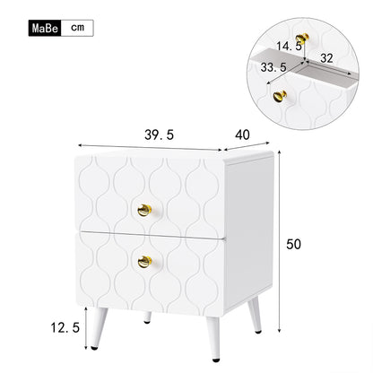 Moderner Nachttisch, vergoldete Griffe, Wellenmuster, 2er-Set, mit 2 Schubladen, lackiert, Ecken mit stoßfestem Design, 39,5 B*40 T*50 H cm, Weiß