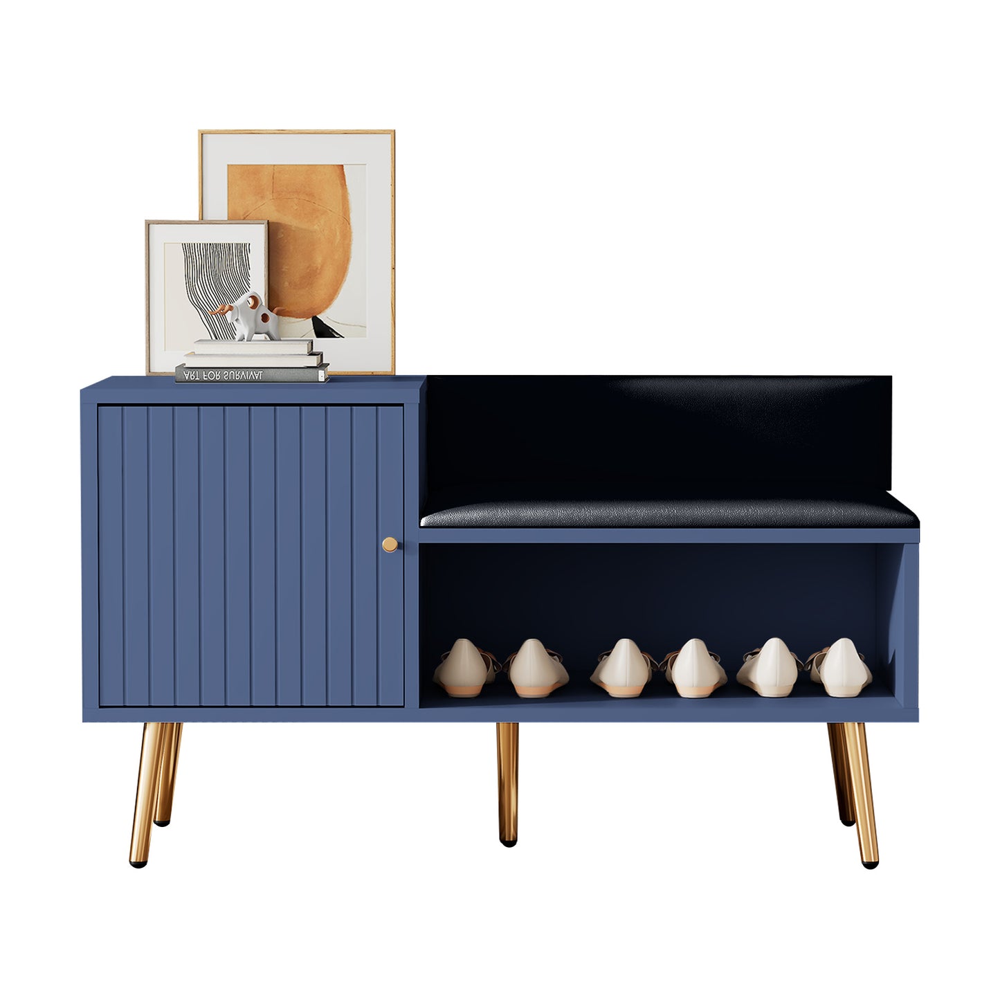 Moderne luxuriöse Schuhtruhe in Blau mit Stauraum, gepolsterter Sitzbank und Rückenlehne, Perfekt für den Eingangsbereich