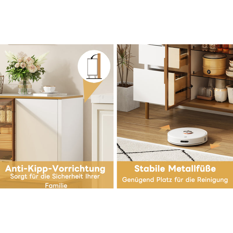 Elegantes Sideboard 150Lx40Bx80H cm, weiß, Arbeitsplatte aus Marmor, goldene Zierleiste - Moderner Stauraumschrank mit Glas- und Holzfächern