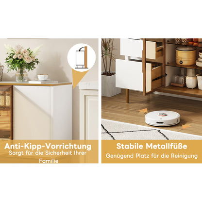 Elegantes Sideboard 150Lx40Bx80H cm, weiß, Arbeitsplatte aus Marmor, goldene Zierleiste - Moderner Stauraumschrank mit Glas- und Holzfächern