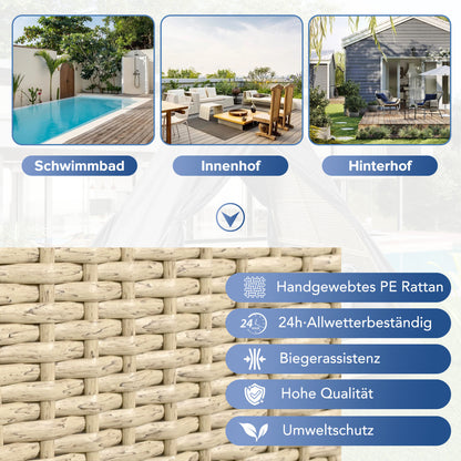 Gartenlounge-Set, Rattanzelt, geeignet für 2-4 Personen, inklusive aller Sitzkissen und Kissen, beiges Rattan, grauer Türvorhang, Sitzkissen mit Reißverschluss, abnehmbar und waschbar