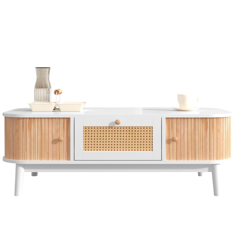 Couchtisch - Rattan-Kaffeetisch, Schubladen mit Rattan und Schiebetüren mit Massivholzlatten, Massivholzbeine, Natürlicher Landhausstil.