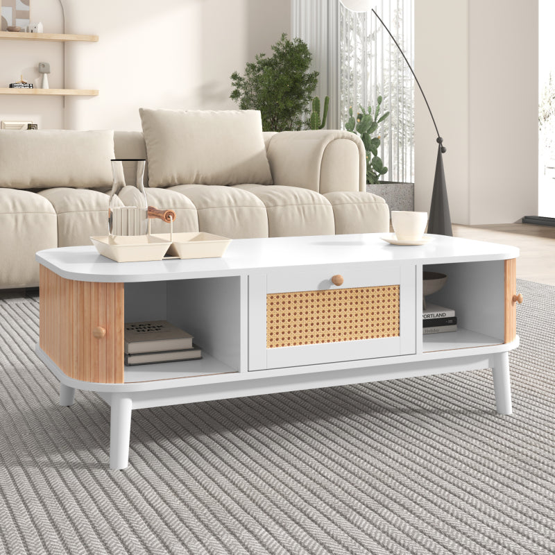 Couchtisch - Rattan-Kaffeetisch, Schubladen mit Rattan und Schiebetüren mit Massivholzlatten, Massivholzbeine, Natürlicher Landhausstil.