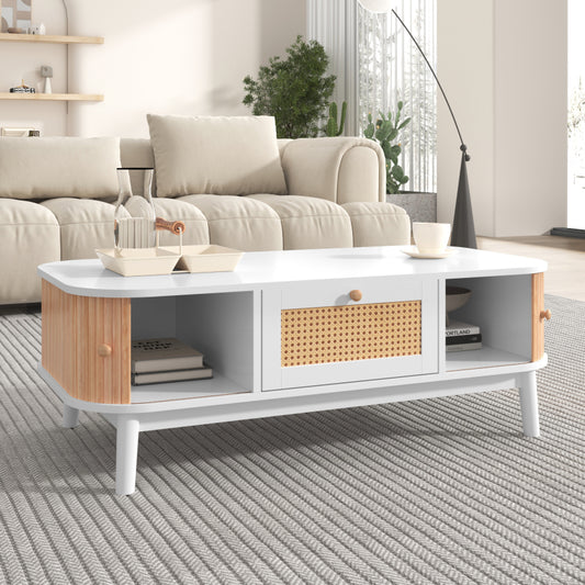 Couchtisch - Rattan-Kaffeetisch, Schubladen mit Rattan und Schiebetüren mit Massivholzlatten, Massivholzbeine, Natürlicher Landhausstil.