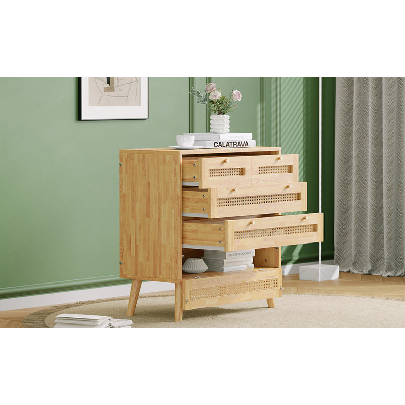 Klassische Kommode, Schrank mit 3 Schubladen, mit Rattan-Schubladenplatte, mit unterem Flip-Top-Deckel, mit goldfarbenem Metallgriff und Holzbeine, Stauraum im Wohnzimmer und Schlafzimmer, Spanplatten