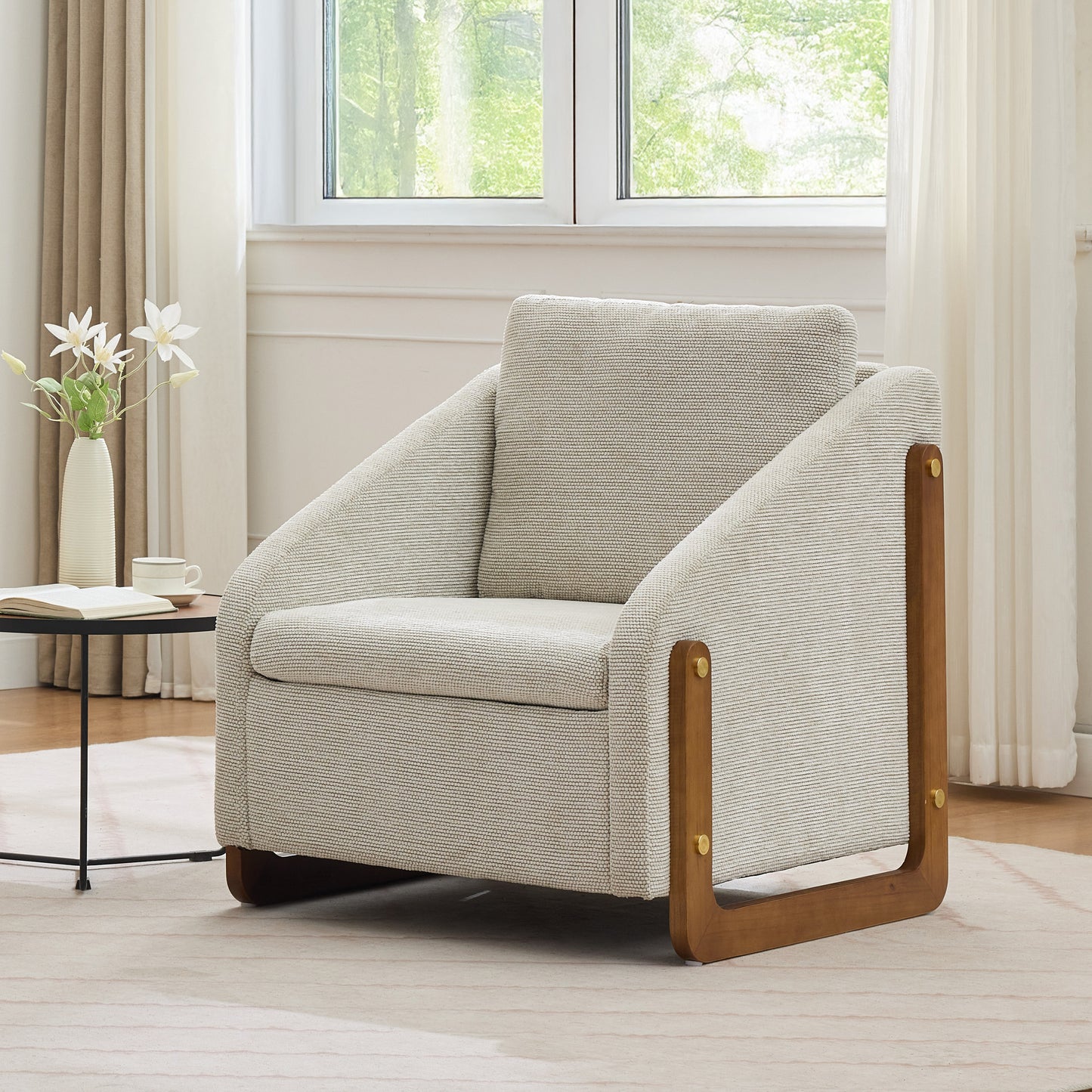 Sessel, Akzentstuhl für Wohnzimmer, Loungesessel, moderner Stuhl mit Armlehne aus Holz, mit Rückenkissen, beiger