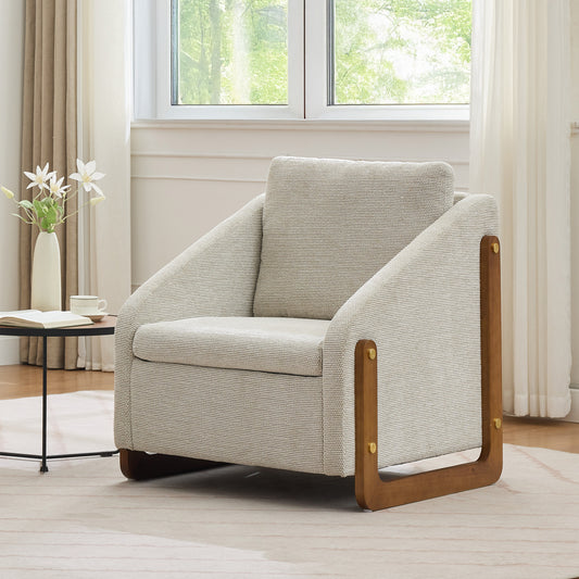 Sessel, Akzentstuhl für Wohnzimmer, Loungesessel, moderner Stuhl mit Armlehne aus Holz, mit Rückenkissen, beiger