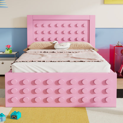 Holzbett Einzelbett 90x200 cm, Kinderbett Jugendbett mit Kreativem Block Design, Massivholz Bettgestell mit Lattenrost, mit Schubladen & Unterm Bett Stauraum, Rosa, Ohne Matratze