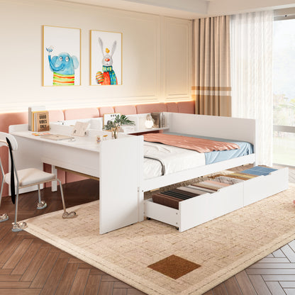 Flachbett, Holzbett, 140x200cm, mit Schreibtisch, ausgestattet mit 2 Schubladen, Doppelbett(Ohne Matratze), mit Regalen, Kiefer + Spanplatte, Rosa