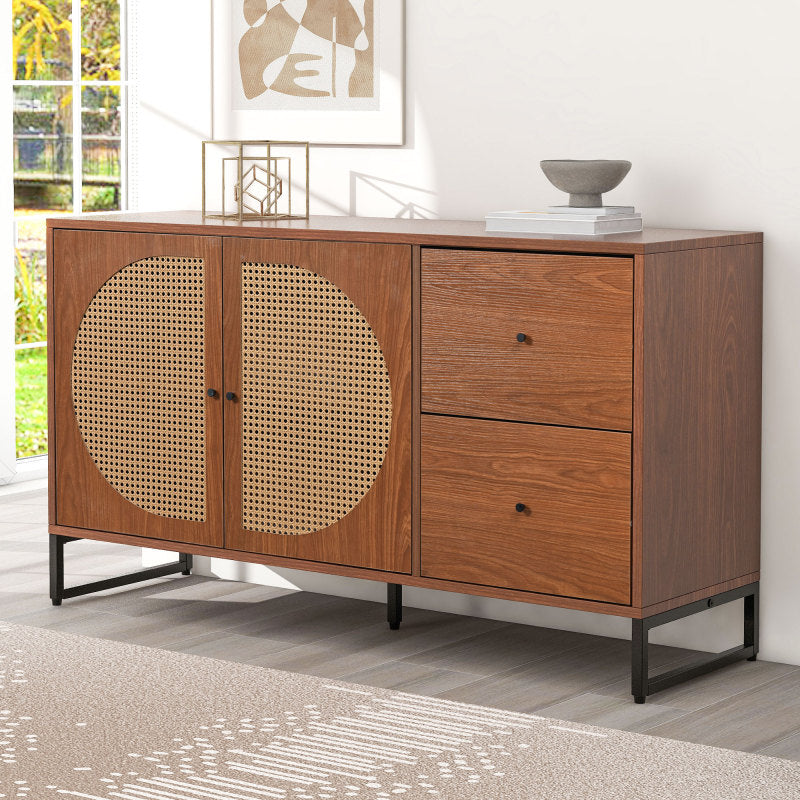 Sideboard mit 2 Rattan verzierten Türen und 2 Schubladen Kommode Küchenschrank, Mehrzweckschrank, Highboard mit Metallgriffe, für Schlafzimmer & Wohnräume & Büro
