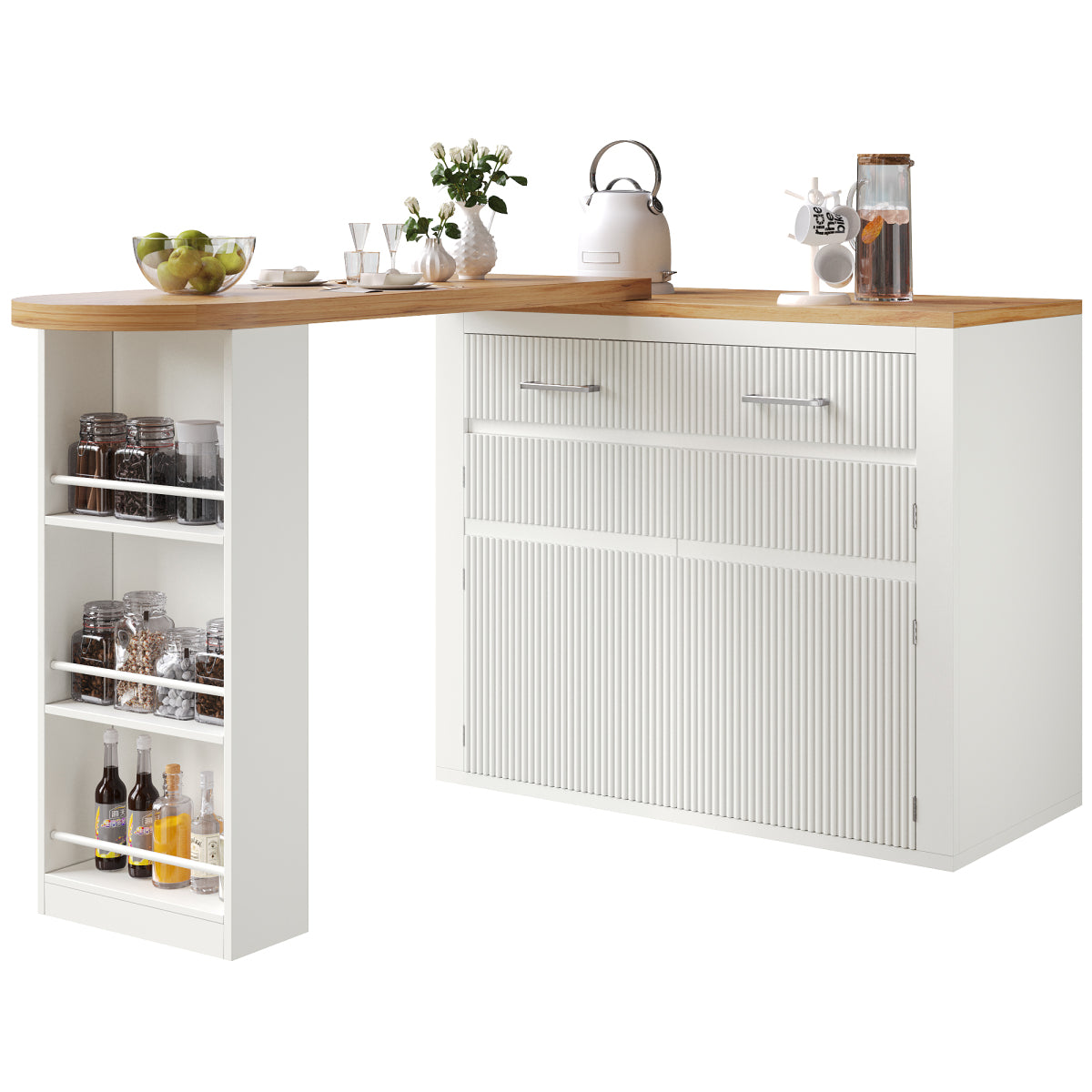 Ausziehbarer Bartisch Weiß (137-215cm) - Moderner Teleskop-Hochtisch mit Schublade & 2 Regalen - Bewegliche Kücheninsel & Bistro Table