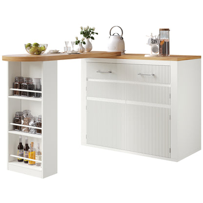 Ausziehbarer Bartisch Weiß (137-215cm) - Moderner Teleskop-Hochtisch mit Schublade & 2 Regalen - Bewegliche Kücheninsel & Bistro Table