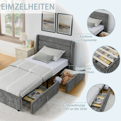 Einzelbett 90×200 cm mit Chenille-Oberfläche & 2 Schubladen, stabiles Bettgestell aus Holz/Metall, ideal für Kinder-, Jugend- & Gästezimmer, Gray (ohne Matratze)