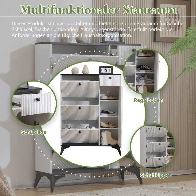 Schuhschrank mit 3 Klappen, 1 Schublade und 1 Tür, Schuhregal, Schuhkipper schmal, Schuhschrank weiß