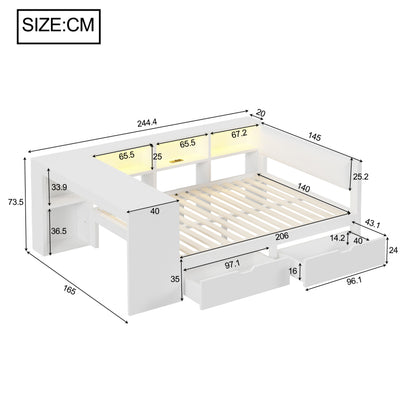 140x200 Holz-Plattformbett mit Ablageflächen, Schubladen, Ladestation und gepolstertem Kopfteil, Mit bunten LED-Leuchten, Weiß