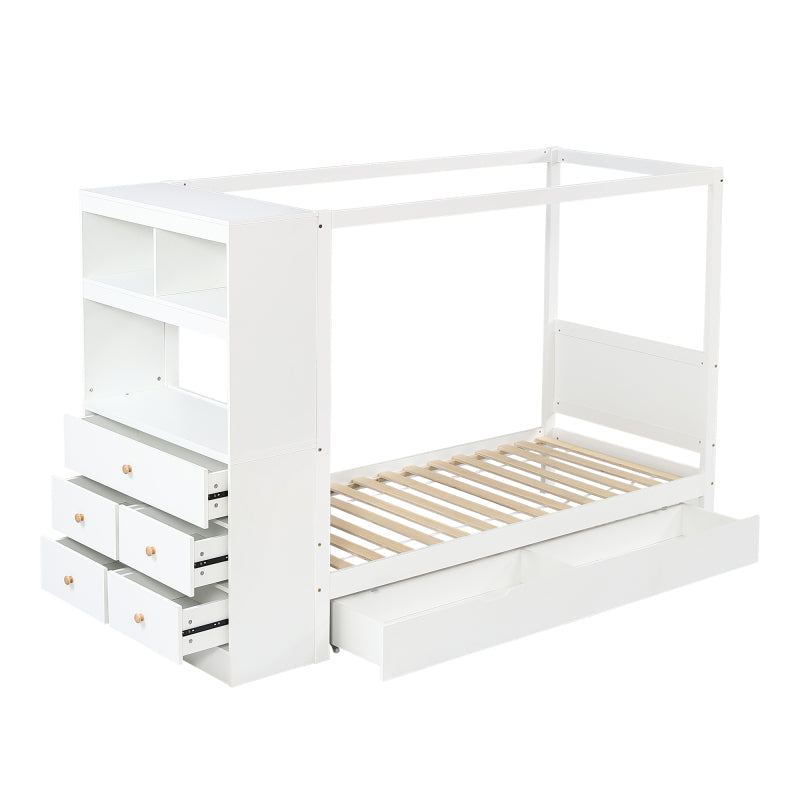 Einzelbett, Kinderbett mit Fallschutz und Gitter,  Holzbett mit Stauraum, Weiß+Natur,  90x200cm