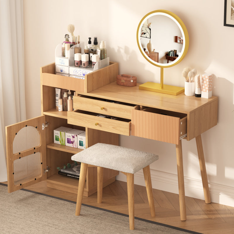 Schminktisch-Set, Kosmetiktisch mit LED-Spiegel und 3-Farbiger Beleuchtung, Schminktisch aus Holz für Schlafzimmerstudio - Maße: B120/H90/T40 cm(ohne Hocker) (Old sku: RN3198724AAA)