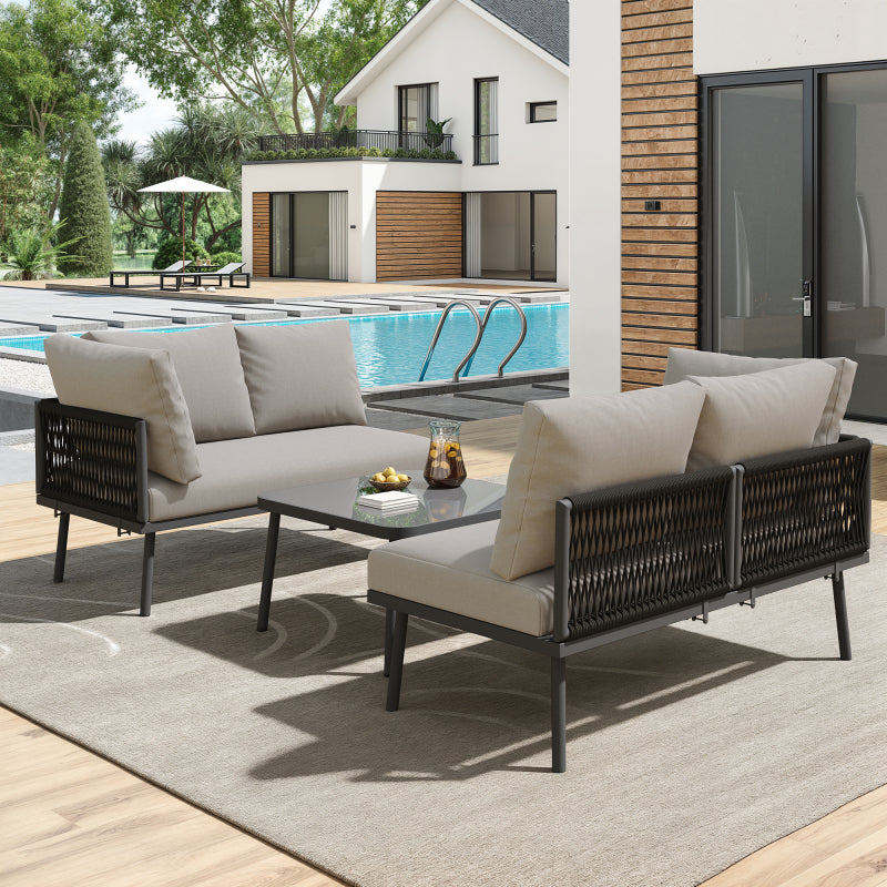 Garten-Lounge-Set aus Eisen, Gartenmöbel-Set aus grauem Seil, L-förmiges Gartenmöbel-Set, Lounge-Set aus grauem Seil mit Sitzkissen, verstellbaren Füßen, 2 Sofas und 1 Tisch