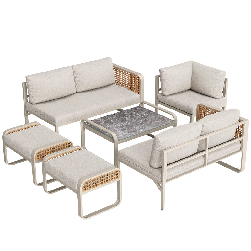 Garten-Lounge-Set, Rattan-Möbel-Set für 6-7 Personen, Ecksofa mit verzinktem Eisengestell, verstellbare Beine, inklusive aller Sitz- und Rückenkissen, beige