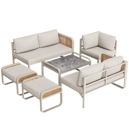 Garten-Lounge-Set, Rattan-Möbel-Set für 6-7 Personen, Ecksofa mit verzinktem Eisengestell, verstellbare Beine, inklusive aller Sitz- und Rückenkissen, beige