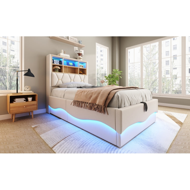 Kinderbett  90×200 cm mit hydraulischem Stauraum APP-gesteuertes LED-Lichtband USB-Ladeanschluss Metall-Lattenrost Leinenpolsterung Beige