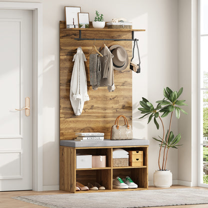 Garderobenset in Holzoptik mit Schuhbank, verstellbarem Regal, Kleiderstange und Polster, Praktische Flurmöbel